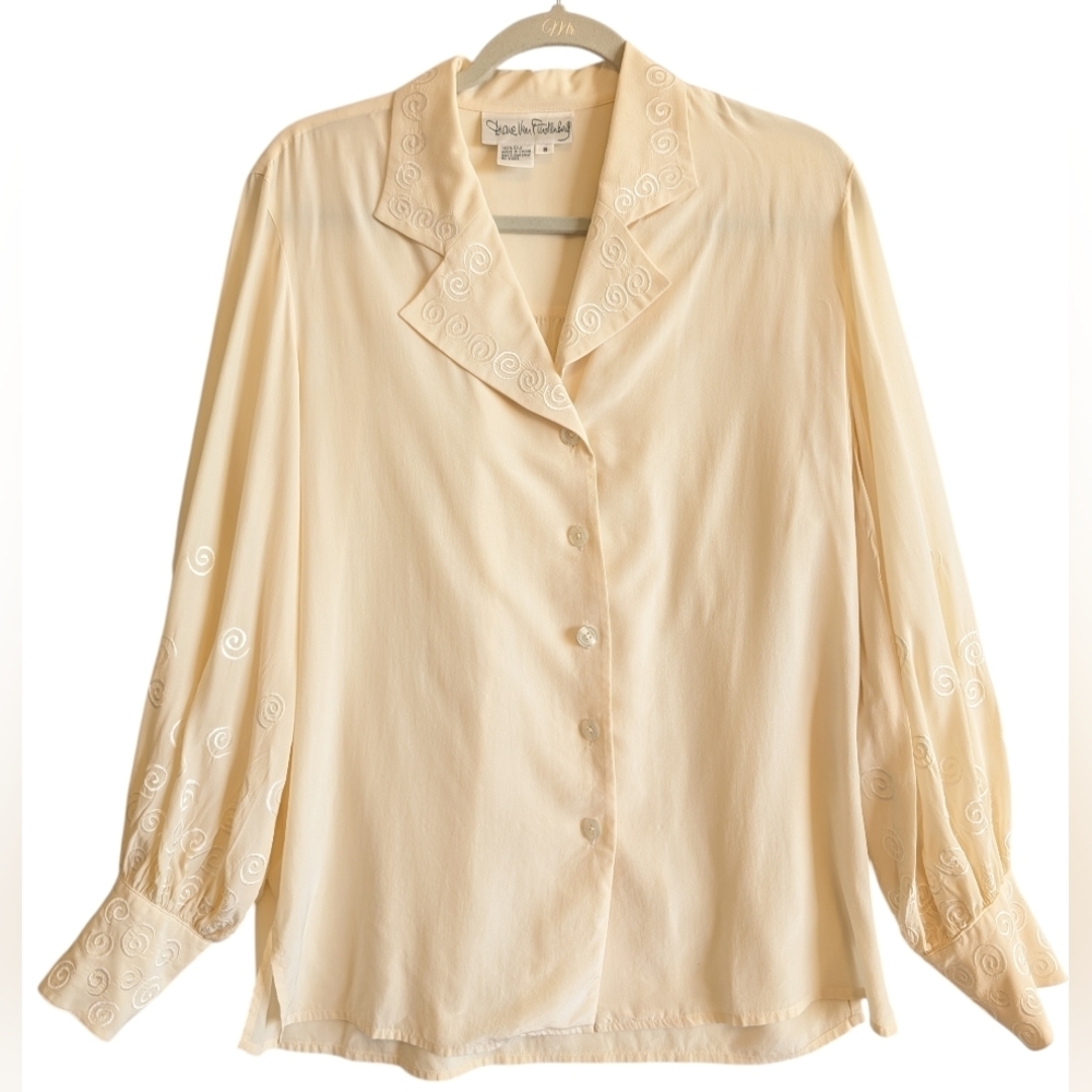 Diane Von Furstenberg Silk Embroidered Bishop Sleeve Blouse Button Down Cream